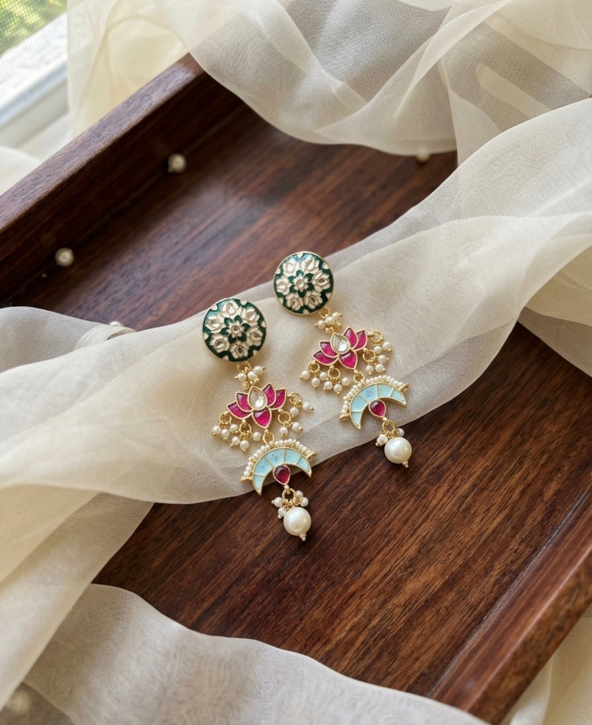 Green enamel floral earring