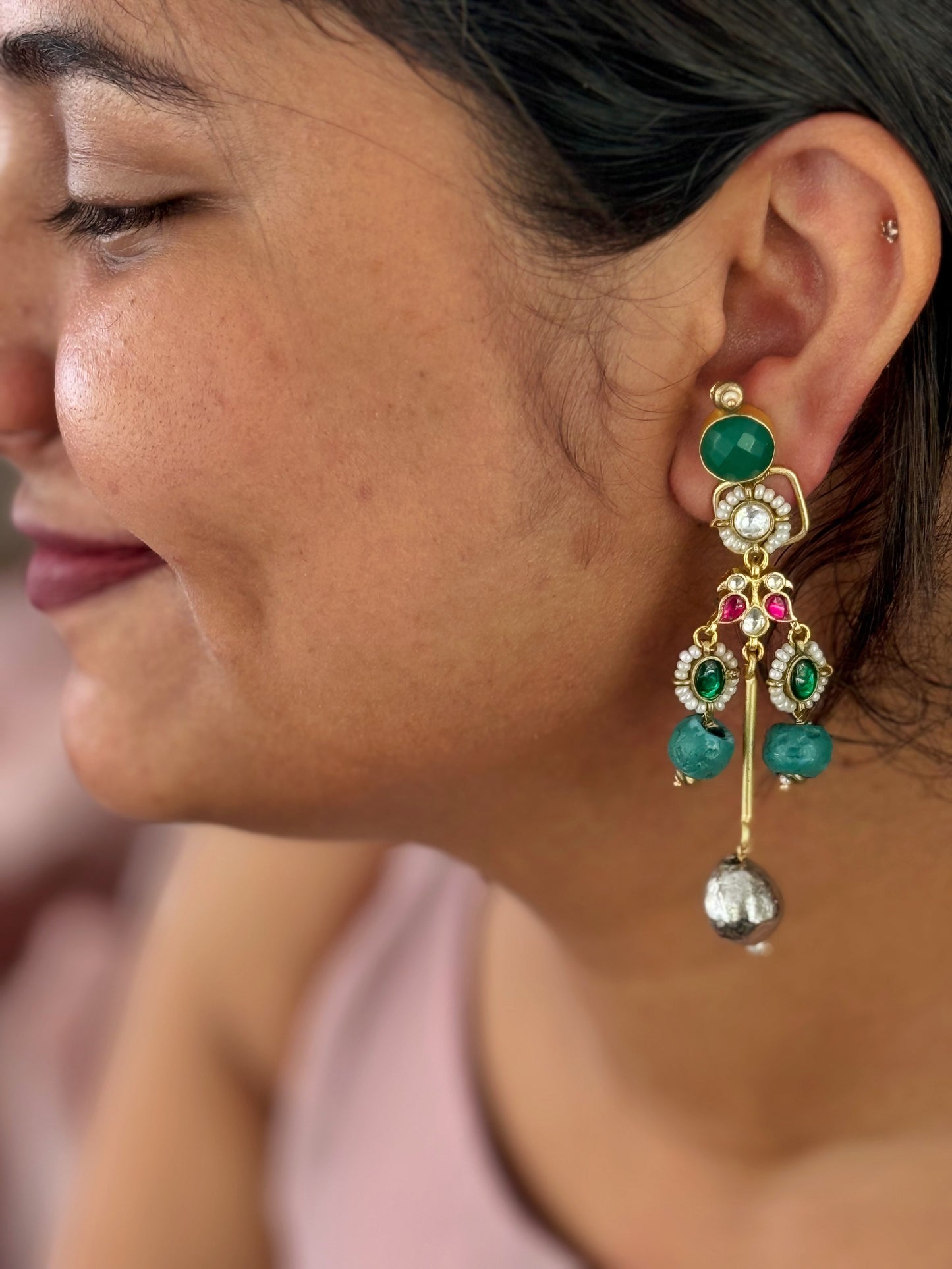 Emerald kundan drop earring